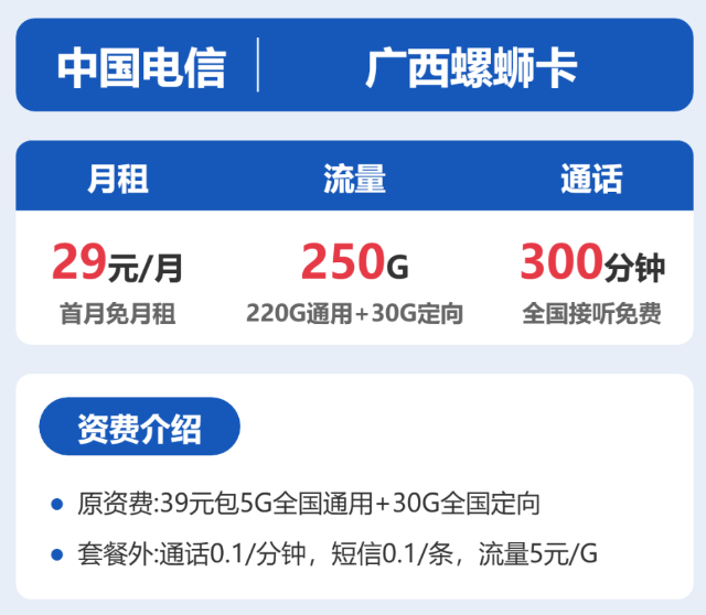 广西电信流量卡29元250G？广西螺蛳卡套餐详情、激活返费与长期资费全解析